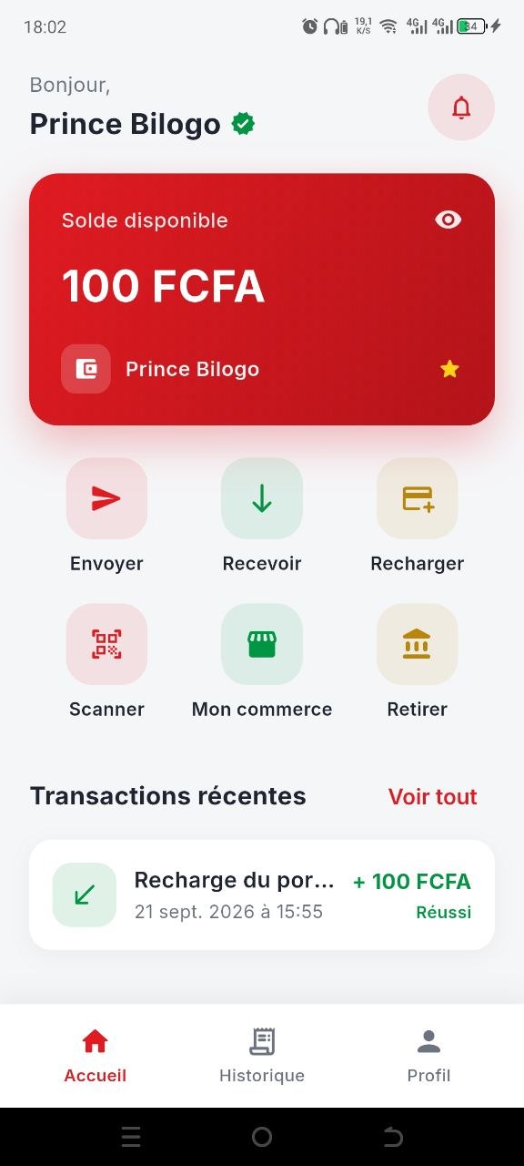 Application NaabigaPay : solde disponible, envoyer, recevoir, recharger, scanner, mon commerce et retirer